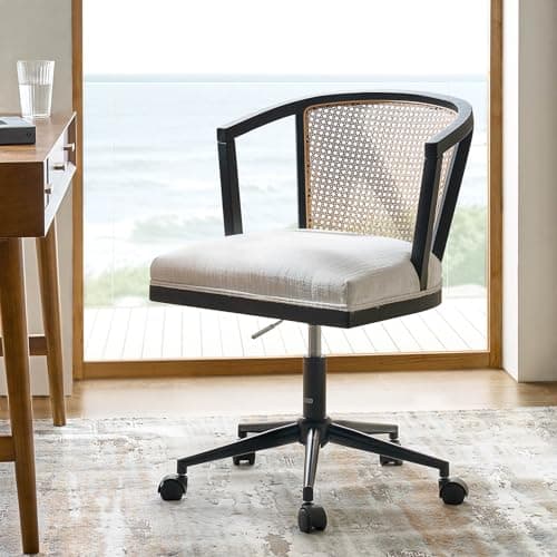 HULALA HOME Rattan Desk Chair with Wheels, Upholstered Office Chair, Adjustable Swivel Rolling Height Task Chair for Living Room, Bedroom, Study Room (Black)