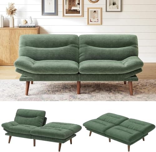 Marsail Futon Sofa Bed, Futon Couch with Adjustable Backrest & Armrests, Convertible Small Sleeper Sofa Bed for Small Apartments, Study Room, Office, Corduroy Loveseat, Light Green