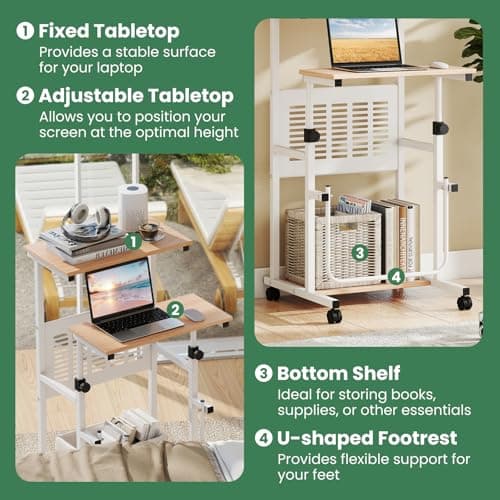 Tangkula Adjustable Standing Desk, Mobile Rolling Computer Desk with Storage Shelf, Portable Laptop Table with Footrest, Mesh Panel, Lockable Wheels, Sit Stand Workstation for Home Office 9