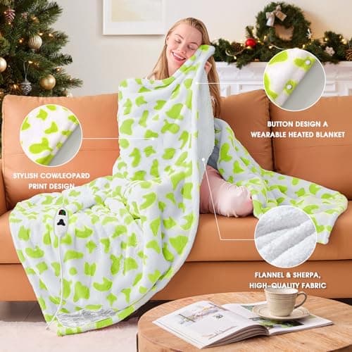 Green Cow Heated Electric Blanket Throw, 50X60 Heating Blanket with 10 Heats Levels & 8 Hours Auto Off, Cute Christmas Yoga Gifts for Women Teen Girls Mom Pets, Home Decor for Living Room Bedroom 8