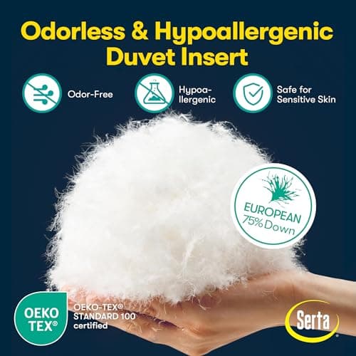 Serta European Down Comforter Queen Size All Season, 100% Cotton, 600 Fill Power Extra Fluffy, Made in USA, White Down Duvet Insert, Lightweight Medium Warmth, Hotel Style, 90"x 90" White 5