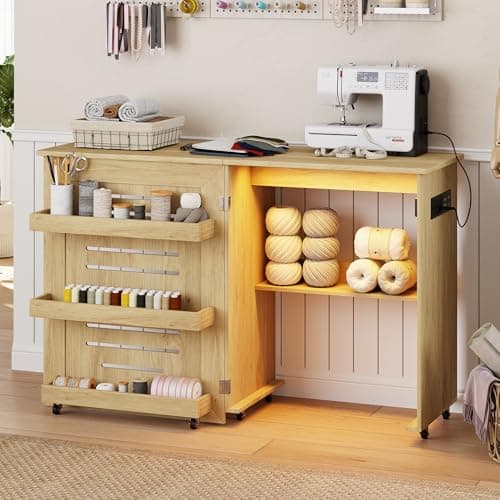 Lvifur Folding Sewing Table - with Storage, Lighted Sewing Cabinet with Charging Station, Farmhouse Sewing Desk with Motion Sensor Lights, Cutting Table with 3 Storage Trays,6 Wheels,Natural 9