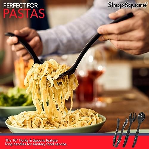 Disposable Plastic Serving Set - 18 Black Utensils, 6" Tongs, 10' Spoons, 10' Forks, Buffet & Party Use 5