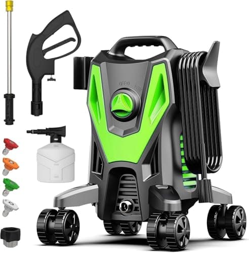 QIOMALA Pressure Washer, High Pressure Cleaning Machine with 35 FT Power Cord, 20 FT Hose, Foam Cannon, 4 Nozzles,Easy Store for Car/Garage/Patio, Green-