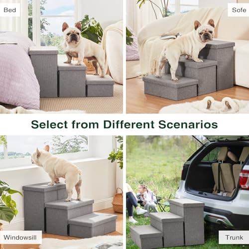 Love's cabin Dog Stairs for High Bed 18" H, Foldable Pet Stairs for Small Medium or Large Dogs Puppy with Storage for Bed or Couch, Cat Dog Steps Ramp with Zip up to 200 lbs, Solid Grey, 3 Steps 6