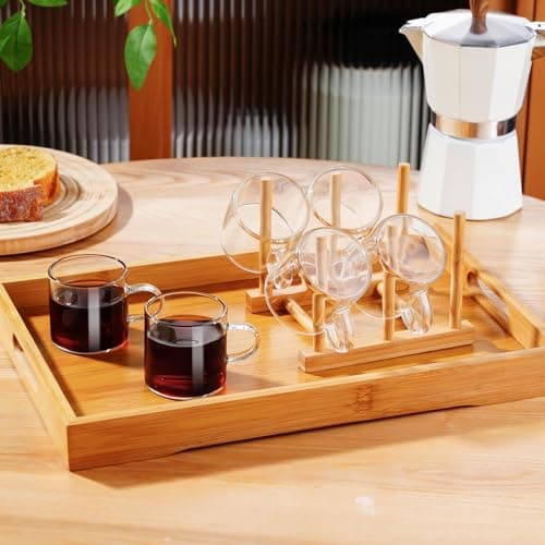PARACITY Espresso Cups Set Of 6 with Bamboo Stand, Insulated Espresso Accessories 4.3 OZ, High Borosilicate Espresso Shot Glass, Clear Glass Expresso Coffee Cup with Handle, Small Tea Cups 6