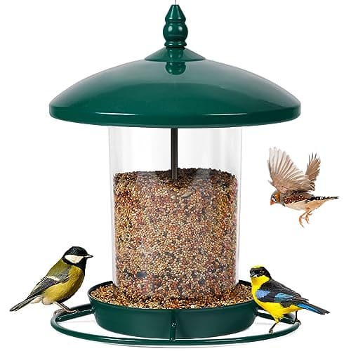 Metal Bird Feeder for Outdoors Hanging,3.0LB Seed Feeder,Easy to Fill & Clean,360° Feeding,Chew Proof Weatherproof Roof for Gardens and Wild Birds,Green 8