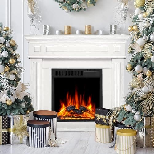 R.W.FLAME 43” Electric Fireplace Mantel Wooden Surround Firebox, TV Stand with Freestanding Electric Fireplace, Remote Control, Adjustable Led Flame, 750W/1500W Pearl White 7