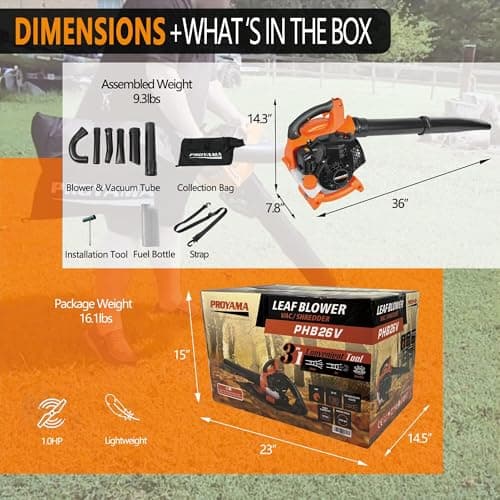 PROYAMA Gas Powered Leaf Blower, 3-in-1 26cc 2-Cycle Handheld Leaf Blower & Leaf Vacuum Mulcher, 412 CFM 200 MPH Cordless Blower with 10 Gallon Collection Bag for Lawn Yard Blowing Snow Dust Debris 7