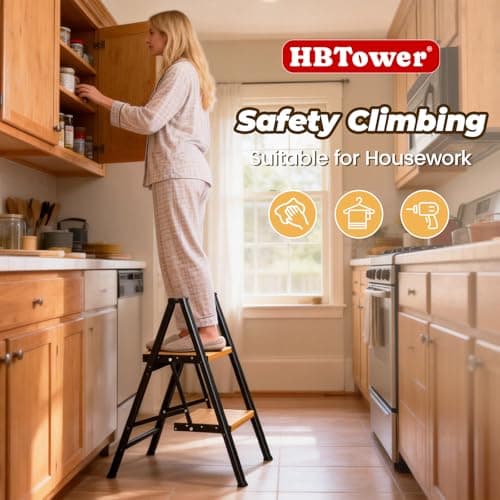 HBTower Step Ladder,Lightweight Aluminum Folding Step Stool with Anti-Slip Wide Pedal,330lbs Capacity Step Ladder for Household,Kitchen,Office - BlackWoodgrain 7