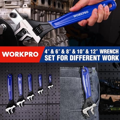 WORKPRO 5-piece Adjustable Wrench Set, 4-Inch & 6-Inch & 8-Inch & 10-Inch & 12-Inch Wrenches, Wide Jaw Black Oxide Wrench, Metric & SAE Scales, Cr-V Steel, for Home, Garage, Workshop 5