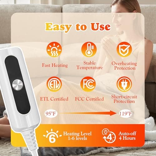 ACCU-WARMTH Heated Blanket Throw Size - Fast Warming with 6 Heat Settings & 4 Hours Auto-Off, Electric Throw Blanket for Couch, 50"x60", Grey 5