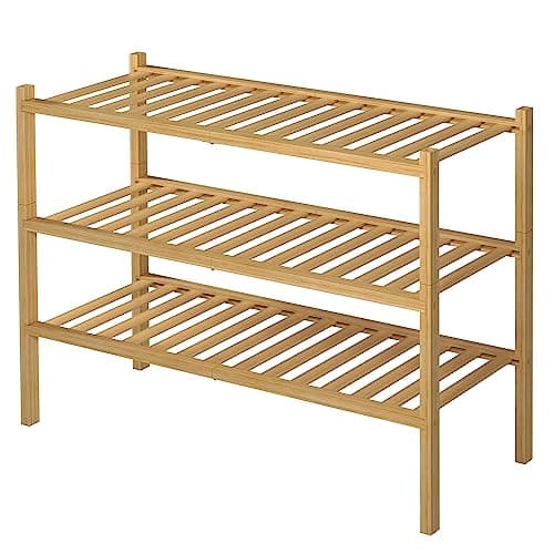 ROMGUAR CRAFT 3 Tier Bamboo Shoe Rack for Closet Free Standing Wood Shoe Shelf Storage Organizer for Entryway Small Space Stackable 27"x11"x20" (Natural) 8
