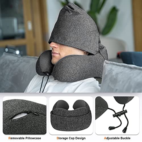 Cirorld Neck Pillow for Travel, Memory Foam Travel Pillow with Hood, Adult Airplane Pillow for Head Rest Neck Support, Portable Pillow for Office Cars Trains Long Flights Sleeping (Deep Grey) 7