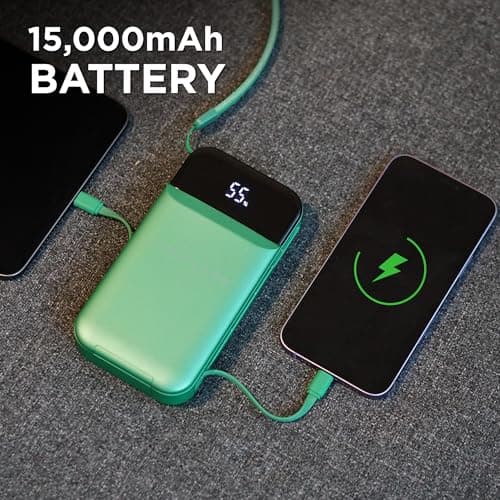 Limitless Innovations Ultimate Pro 15,000mAh Portable Power Bank PD 20W with Built-in Cables, Wireless Charging, Flashlight, Wall Plug, & Digital Display, for iPhone, Samsung, & More (Green Metallic) 4