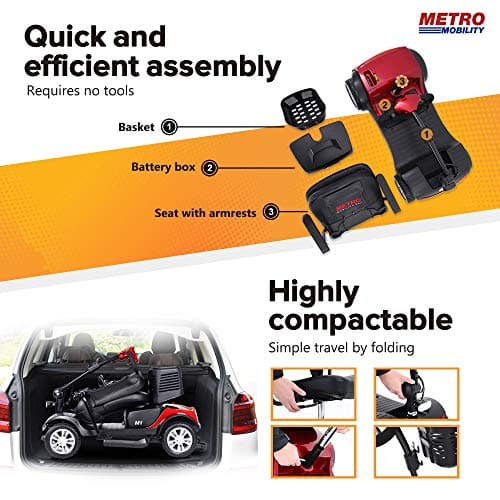 Electric Powered Mobility Scooters for Seniors Adults 300lbs Max Weight, 4 Wheel Folding Mobility Wheelchair for Travel - Long Range Power Extended Battery w/Charger and Basket- Red 8