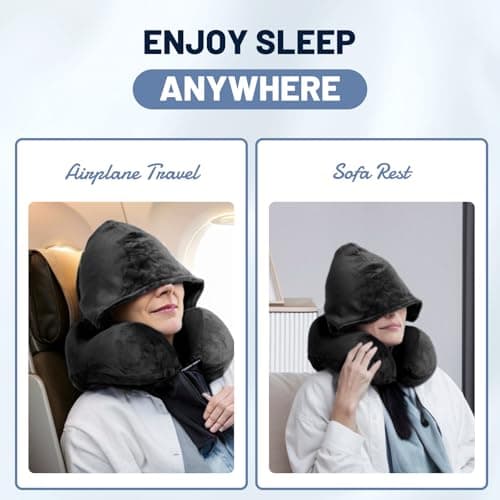 JSELF Travel Pillow with Hood, Neck Pillow for Airplane, Hooded Neck Pillow for Travel, Long Flight, Car, Plane, Office, Sleeping, 100% Pure Memory Foam Head Chin Support Airplane Pillow - Black 7