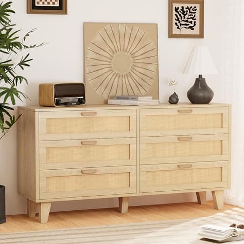 Rattan 6 Drawer Dresser for Bedroom, Boho Wooden Chests of Drawers, Modern Double with Spacious Storage for Closet, Living Room and Entryway, Natural