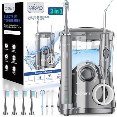 OILSAO Electric Toothbrush with Water Flosser Combo: 600ML Large Water Tank & Ultrasonic Cleaning- Gum Care & Whitening- 5 Brush Modes & 10 Pressure Settings for Family Use, Gray