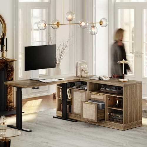 Perledesign Height Adjustable Electric Standing Desk, 48 x 24 Inches Sit Stand up Desk with 2 File Cabinets, AC/USB, 1.18" Desktop, L Shaped Rattan Computer Desk for Home and Office, Natural Oak