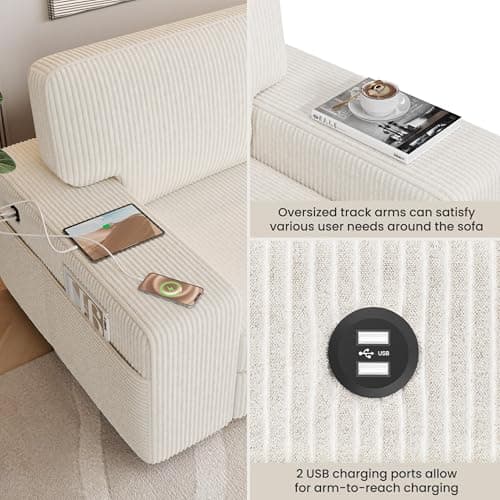 Yaheetech 83.5" W Modern Sofa Couch Corduroy Fabric Sofa with Detachable Cover, USB Charging Ports & Side Storage Pockets for Living Room Apartment, Ivory 6