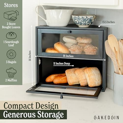 BakedBin Corner Bread Box for Kitchen Countertop - New 2026 Airtight Design - Extra Large, Double Layer Black BreadBox, Vintage Storage for Homemade Bread, Under Cabinet Organizer 3