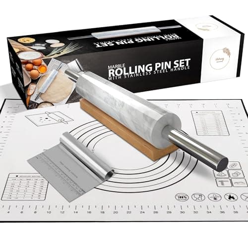 LITEBURG Marble Rolling Pin Set with Silicone Baking Mat, Steel Dough Scraper & Wooden Cradle - Professional Non Stick Dough Roller for Bread, Cookies, Pizza - Gift for Bakers