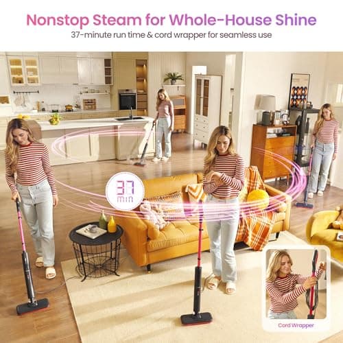 Schenley Steam Mop Cleaner Powerful - 15s Fast Heat-Up, Chemical-Free for Hardwood/Tile/Laminate & Floors/Walls, Washable Pads, 3 Modes for Carpet, Lightweight, Self-Standing, Sleek Design 8