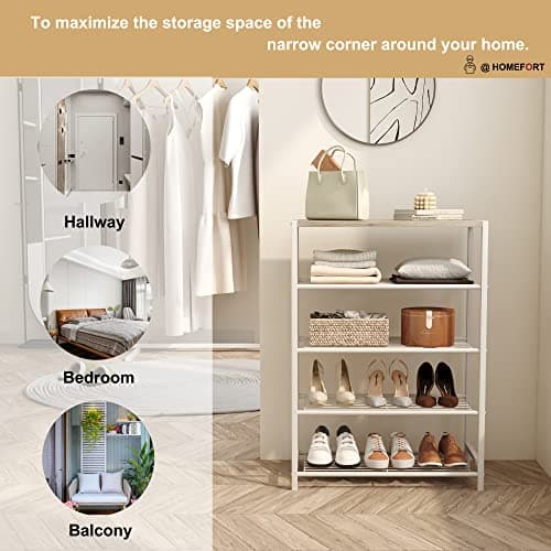 HOMEFORT 5-Tier Shoe Rack, Storage Shelf, Industrial Tower, Narrow Organizer for Closet Entryway, Small Table With Durable Metal Shelves, White Oak 8