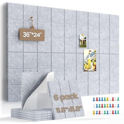 36" x 24" Large Black Cork Board Alternative - 6 Pack Felt Bulletin Board with 30 Push Pins, Felt Wall Tiles Pin Board for Walls Office Home School Decor, Aesthetic Cork Squares, Light Gray