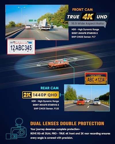 ROVE R2-4K Dual PRO Dash Cam Front and Rear, True 4K+2K Dash Camera for Cars, STARVIS 2 IMX678 + IMX675 Sensors, Free 128GB Card + CPL, WiFi 6 - up to 30MB/s Download Speed, 3" IPS, 24Hr Parking Mode 5