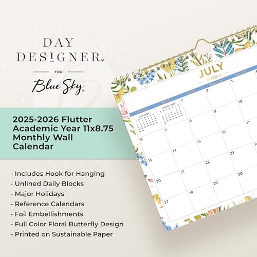 Blue Sky Day Designer 2025-2026 Monthly Academic Year Wall Calendar, July 2025 - June 2026, 11" x 8.75", Durable Twin Wire Binding, Perfect For Home, Office And Classroom, Flutter 6