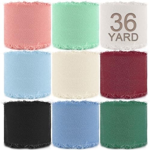 XSEINO 1-1/2 inch x 36 Yard Chiffon Silk Ribbon 9 Colors Ribbons Set 4 Yd x 9 Rolls Handmade Fringe Fabric Eco-Friendly for Wedding Invitations, Bridal Bouquets, DIY Decor, Gifts Wrapping & Bow Making