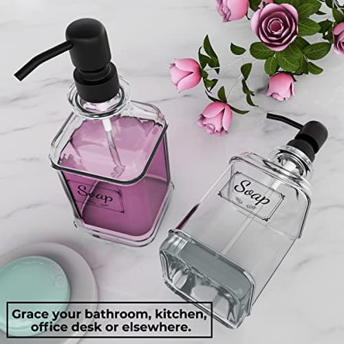 GLADPURE 2 Pack Soap Dispenser, 18 Oz Antique Design Thick Glass Hand Dispensers; with 304 Rust Proof Stainless Steel Pump, 6Pcs Clear Stickers, for Kitchen, Bathroom- Black 5