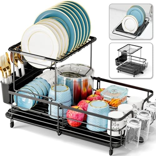 Urackify 2 Tier Dish Drying Rack, Expandable Dish Rack for Kitchen Counter, Adjustable Over The Sink Dish Drainer, Large Multifunctional Dish Strainer with Removable Top Shelf for in Sink Use, Black