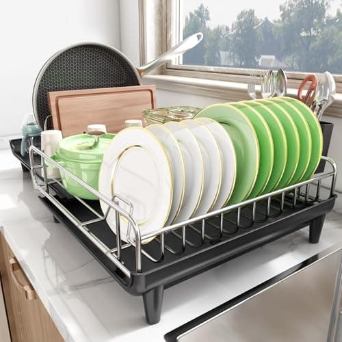 SNTD Dish Drying Rack - Expandable Dish Rack for Kitchen Counter, Large Dish Drainer with Pan Holder, Dish Strainer with Drainboard Cup Holder and Utensil Holder, Black 6