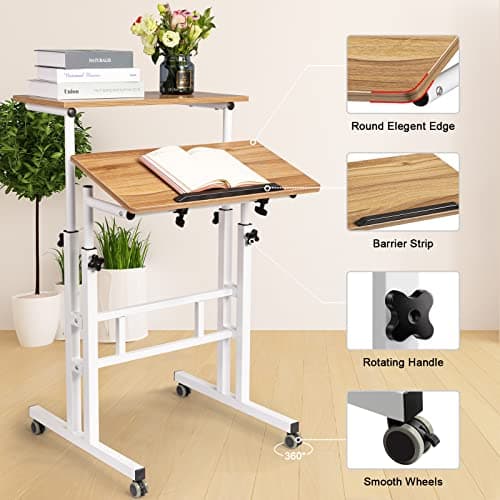 Hadulcet Standing Desk for Walking Pad, Small Portable Standing Desk Adjustable, Rolling Computer Cart, Walking Pad Stand on Wheels, Stand Up Table for Over Treadmill & Drawing, Vintage Oak 7