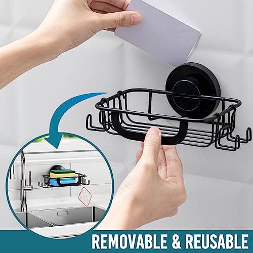 TAILI Soap Dish Bar Soap Holder Suction Cup with Hooks, Soap Bar Holder for Shower Wall, Soap Saver Tray for Bathroom, Tub, Rustproof Stainless Steel Sponge Holder for Kitchen, Drill-Free,Black 9