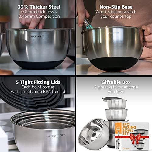 Priority Chef Premium Mixing Bowls With Lids Set, Airtight Lids, Thicker Stainless Steel, Non-Slip Base, 5 Nesting Steel Bowls for Kitchen, Large Prep Metal Bowl Set 1.5/2/3/4/5 Qt, Black 2