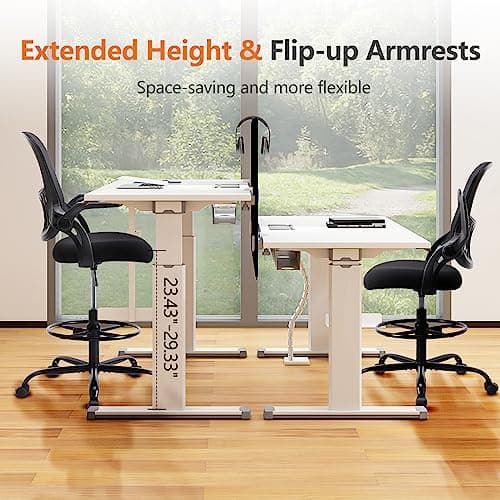 Sweetcrispy Tall Drafting Desk Chair - Ergonomic High Stool Computer with Adjustable Height and Comfy Lumbar Support, Office Rolling Counter with Flip-up Arm and Footrest, Black 6