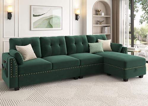 HONBAY Velvet Convertible Sectional Sofa L Shaped Couch with Storage Ottoman Reversible Sectional Couch Sofa for Small Space,Green