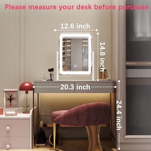 ROLOVE Vanity Mirror with Lights, 12.6"x15" LED Makeup Mirror with Lights, Smart Touch Control 3 Color Dimmable, Lighted Desk Mirror for Bedroom, Light Up Mirror 8