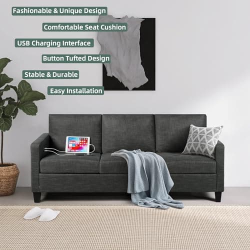 STHOUYN 72" W 3 Seater Couch Sofa with USB Ports, Grey Comfy Couches for Small Spaces, Mid Century Modern Gray Couch for Living Room Apartment Bedroom (Dark Grey) 8
