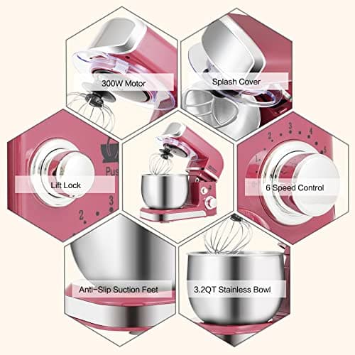 Kitchen in the box Stand Mixer,3.2Qt Small Electric Food Mixer,6 Speeds Portable Lightweight Kitchen Mixer for Daily Use with Egg Whisk,Dough Hook,Flat Beater (Purplish-red) 5