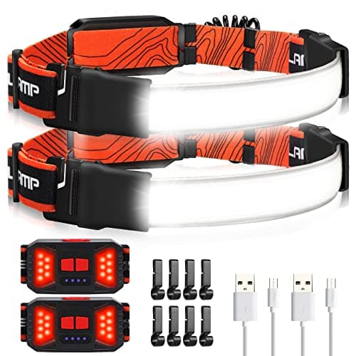 Adelante LED Headlamp Flashlight, 2Pack 1000LM 230°Wide-Beam Rechargeable Head Lamp for Adults, Red Taillight & 8 Clips Waterproof Hard Hat Light Headlamps for Running Hiking and Camping