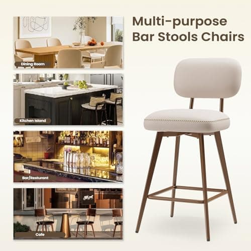 MALOL 26“ Swivel Bar Stools Set of 2, Mid Century PU Leather Counter Height Bar Chairs with Low Back and Metal Legs, Modern Bar Stool Chair for Kitchen Island, Beige 6
