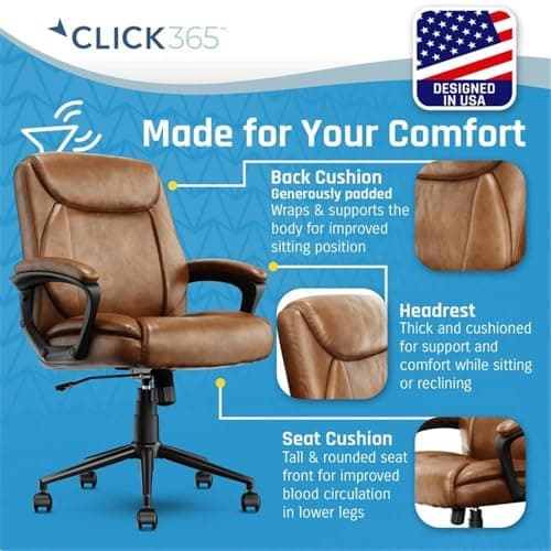 Click365 Transform 1.0 Extra Comfort Ergonomic Mid Back Desk Chair, with Padded armrests, Adjustable-Height, Tilt, Lumbar Support, Bonded Leather, Cognac 5