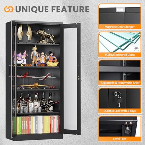 AFAIF Locking Display Cabinet with Glass Door, 71”H Metal Curio Cabinets with Adjustable Shelves, Black Liquor Caninet Display Case for Living Room, Collectibles, Clinic, Home - Assembly Required 7