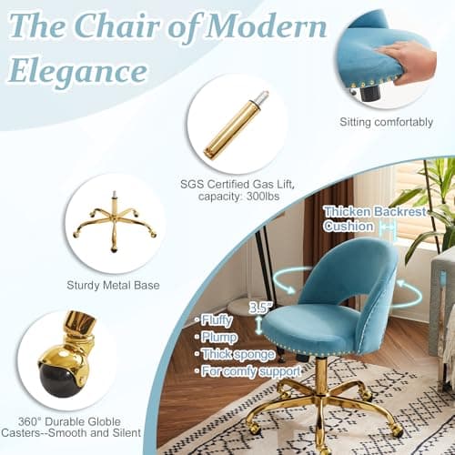 VINGLI Modern Velvet Small Office Chair,Cute Desk Chair with Wheels,Gold Base/Studs, Comfy Armless Swivel Vanity Task Chair for Women/Girl/Kids, Nail Tech Chair for Bedroom,Small Space,Cruising Blue 5