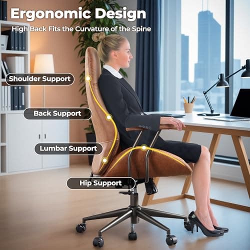 ovios Ergonomic Office Chair, High Back Faux Leather Executive Chairs with Armrests, Comfy Mid-Century Modern Swivel Rolling Computer Armchair (Brown, Suede Leather) 5
